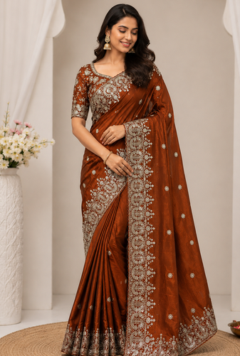 Orange Color Sequance and Zari Embroidery Work Space Silk Blend Saree