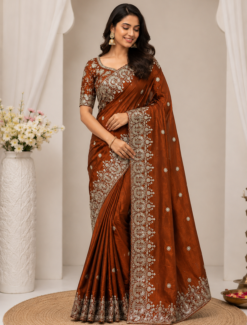 Orange Color Sequance and Zari Embroidery Work Space Silk Blend Saree