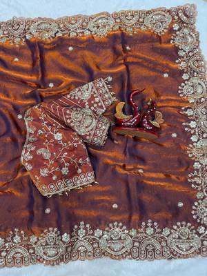 Orange Color Sequance and Zari Embroidery Work Space Silk Blend Saree 2