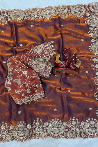 Orange Color Sequance and Zari Embroidery Work Space Silk Blend Saree