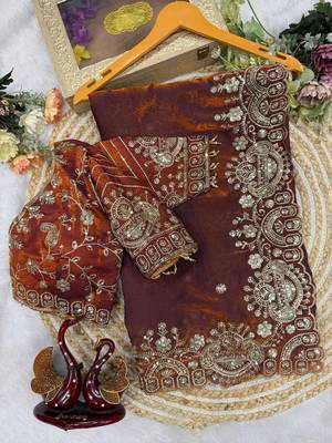 Orange Color Sequance and Zari Embroidery Work Space Silk Blend Saree 3