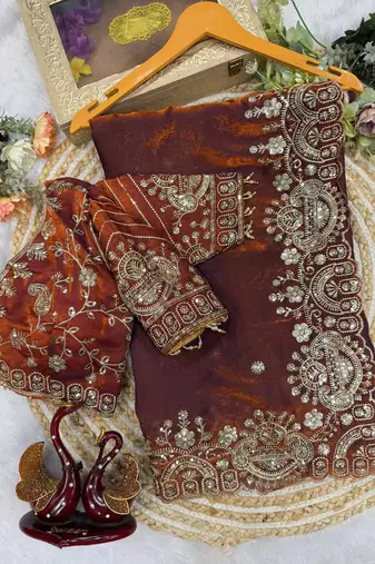 Orange Color Sequance and Zari Embroidery Work Space Silk Blend Saree