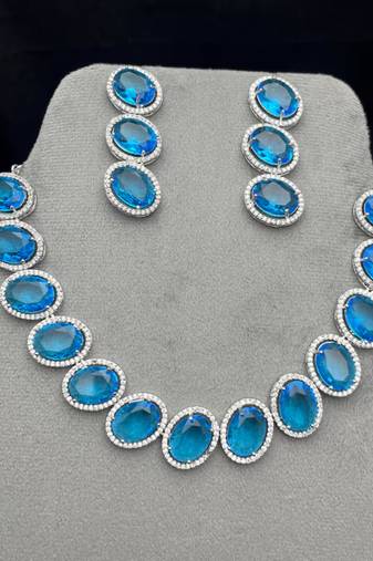 royal blue topaz oval necklace earring set, silver halo statement jewellery victorian style