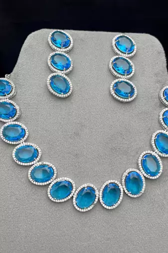 royal blue topaz oval necklace earring set, silver halo statement jewellery victorian style