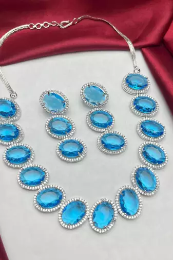 royal blue topaz oval necklace earring set, silver halo statement jewellery victorian style