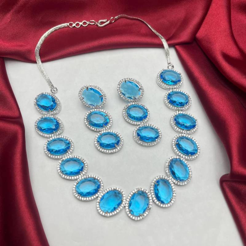 royal blue topaz oval necklace earring set, silver halo statement jewellery victorian style
