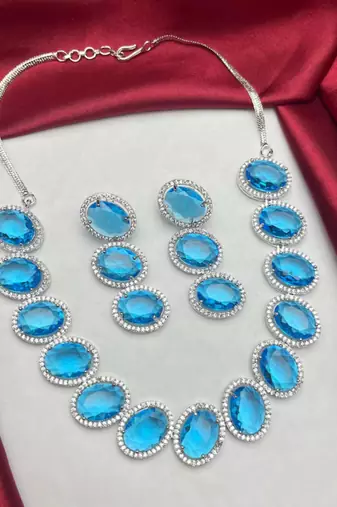 royal blue topaz oval necklace earring set, silver halo statement jewellery victorian style