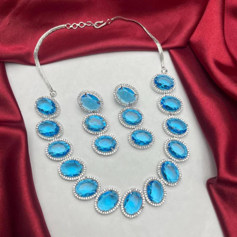 royal blue topaz oval necklace earring set, silver halo statement jewellery victorian style