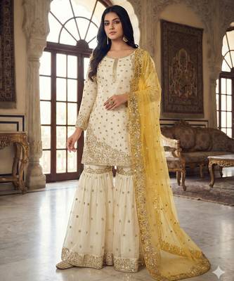 white&yellow silk blend  readymade suit with embroidery & sequence work 1