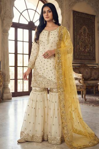White&Yellow Silk Readymade Suit with Embroidery & Sequence Work