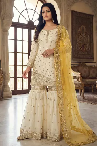 white&yellow silk blend  readymade suit with embroidery & sequence work