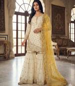 white&yellow silk blend  readymade suit with embroidery & sequence work