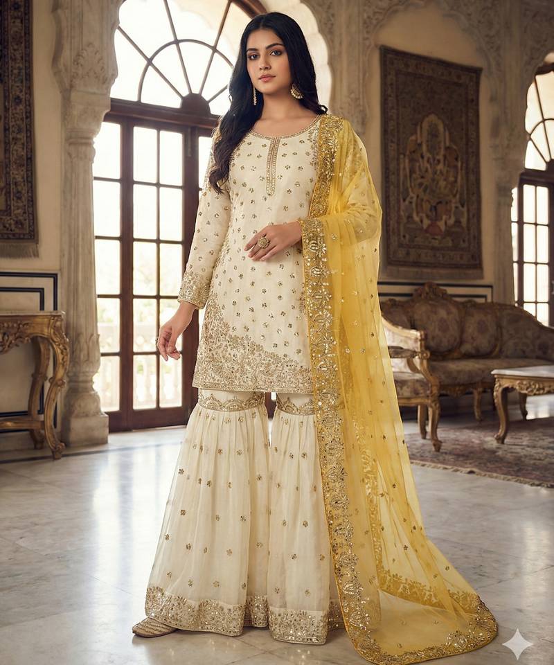 white&yellow silk blend  readymade suit with embroidery & sequence work