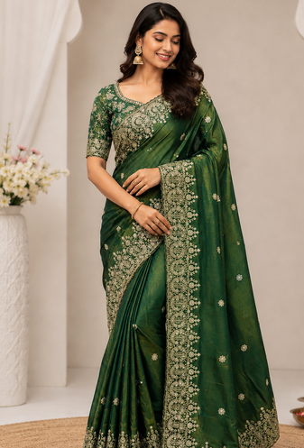 Parrot Green Color Sequance and Zari Embroidery Work Space Silk Blend Saree
