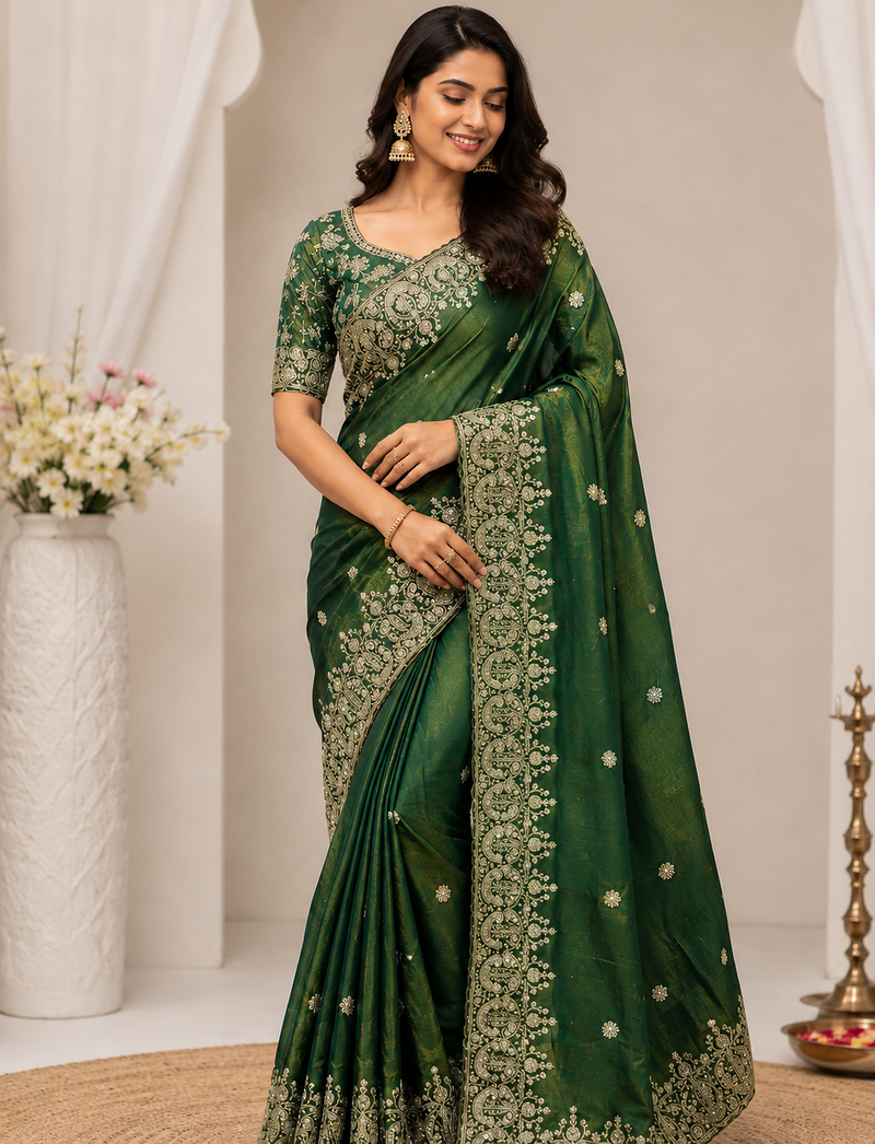 Parrot Green Color Sequance and Zari Embroidery Work Space Silk Blend Saree