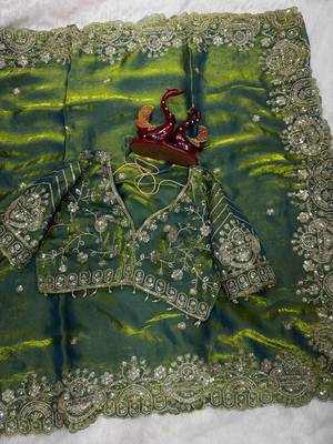 Parrot Green Color Sequance and Zari Embroidery Work Space Silk Blend Saree 2