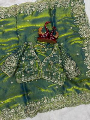 Parrot Green Color Sequance and Zari Embroidery Work Space Silk Blend Saree 3