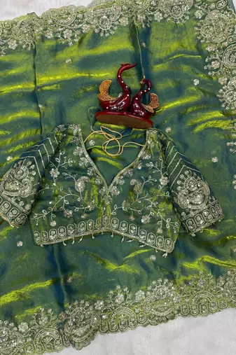 Parrot Green Color Sequance and Zari Embroidery Work Space Silk Blend Saree