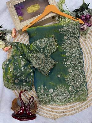 Parrot Green Color Sequance and Zari Embroidery Work Space Silk Blend Saree 4