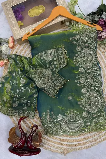 Parrot Green Color Sequance and Zari Embroidery Work Space Silk Blend Saree