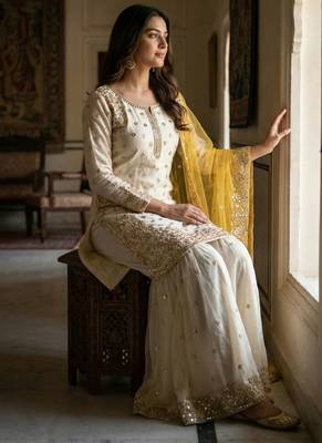 white&yellow silk blend  readymade suit with embroidery & sequence work 2