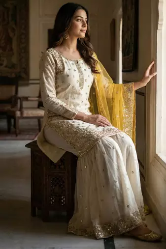 white&yellow silk blend  readymade suit with embroidery & sequence work
