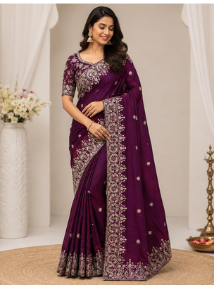 Plum Color Sequance and Zari Embroidery Work Space Silk Blend Saree 1