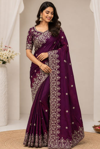 Plum Color Sequance and Zari Embroidery Work Space Silk Blend Saree