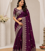 Plum Color Sequance and Zari Embroidery Work Space Silk Blend Saree