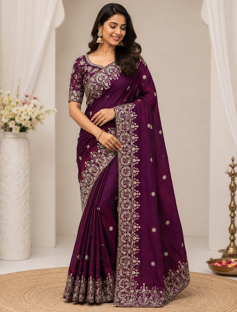 Plum Color Sequance and Zari Embroidery Work Space Silk Blend Saree
