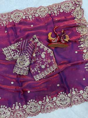 Plum Color Sequance and Zari Embroidery Work Space Silk Blend Saree 2