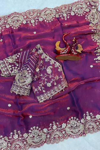 Plum Color Sequance and Zari Embroidery Work Space Silk Blend Saree