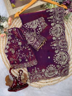 Plum Color Sequance and Zari Embroidery Work Space Silk Blend Saree 3