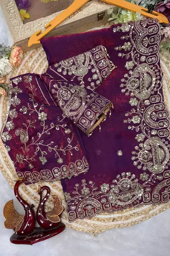 Plum Color Sequance and Zari Embroidery Work Space Silk Blend Saree