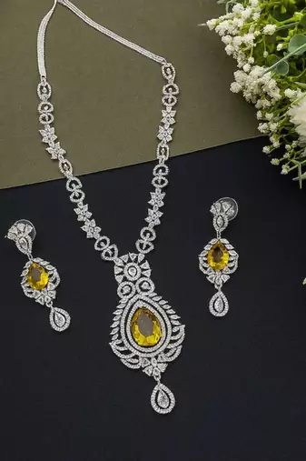 yellow stone bridal necklace earrings set | silver cz wedding jewellery | indian party wear statement
