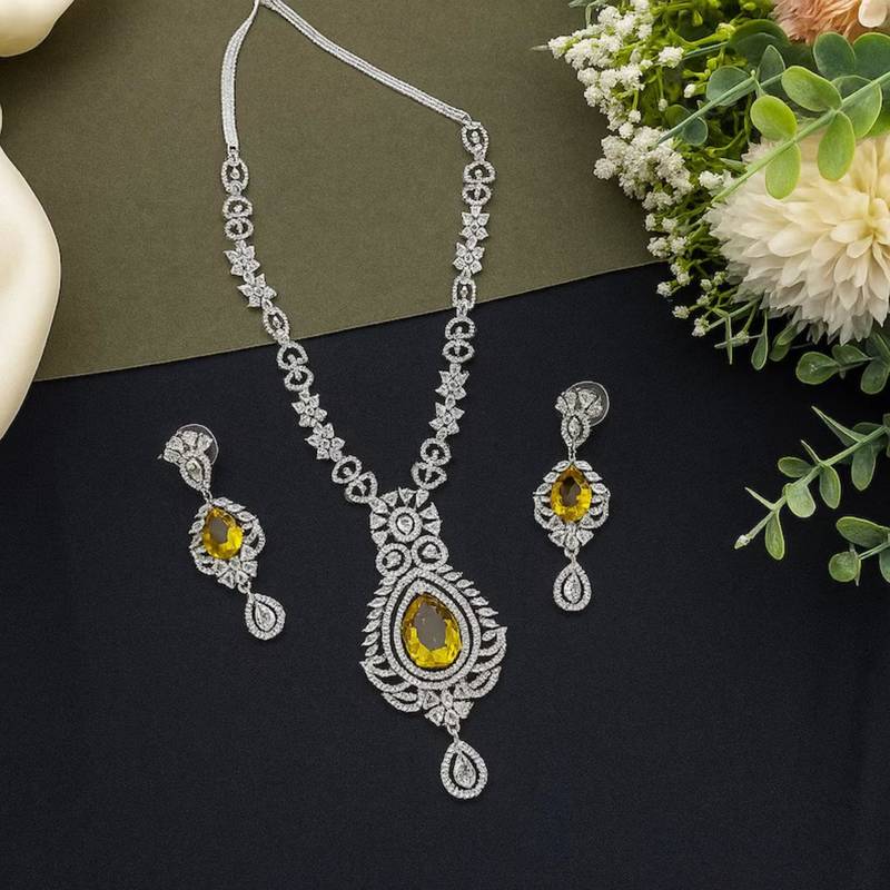 yellow stone bridal necklace earrings set  silver cz wedding jewellery  indian party wear statement