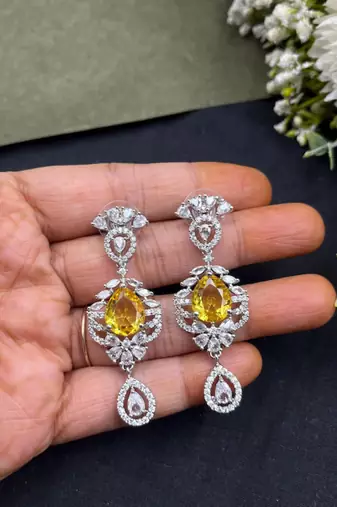 yellow stone bridal necklace earrings set | silver cz wedding jewellery | indian party wear statement