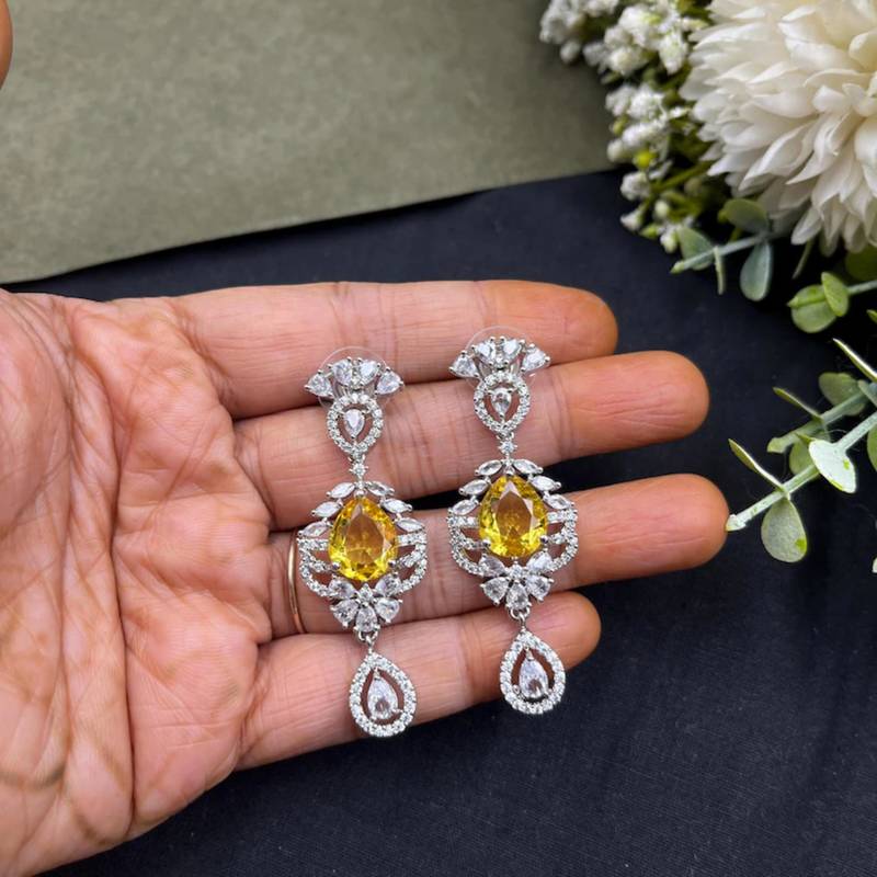 yellow stone bridal necklace earrings set  silver cz wedding jewellery  indian party wear statement