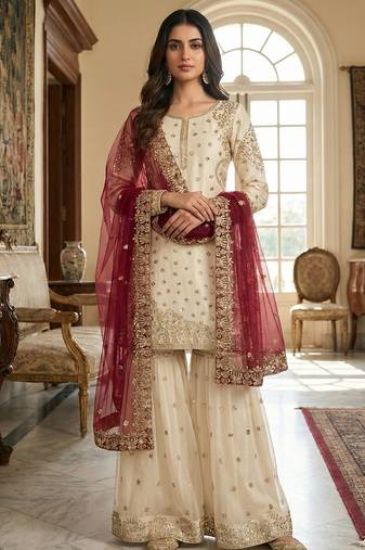 White&Maroon Silk Readymade Suit with Embroidery & Sequence Work