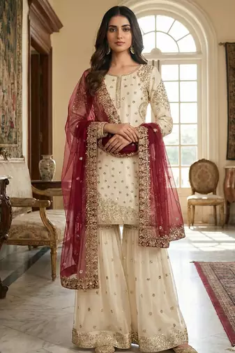 white&maroon silk blend  readymade suit with embroidery & sequence work