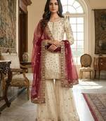 white&maroon silk blend  readymade suit with embroidery & sequence work