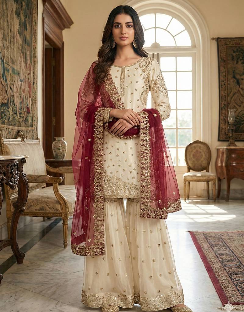 white&maroon silk blend  readymade suit with embroidery & sequence work