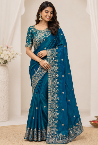 Teal Color Sequance and Zari Embroidery Work Space Silk Blend Saree