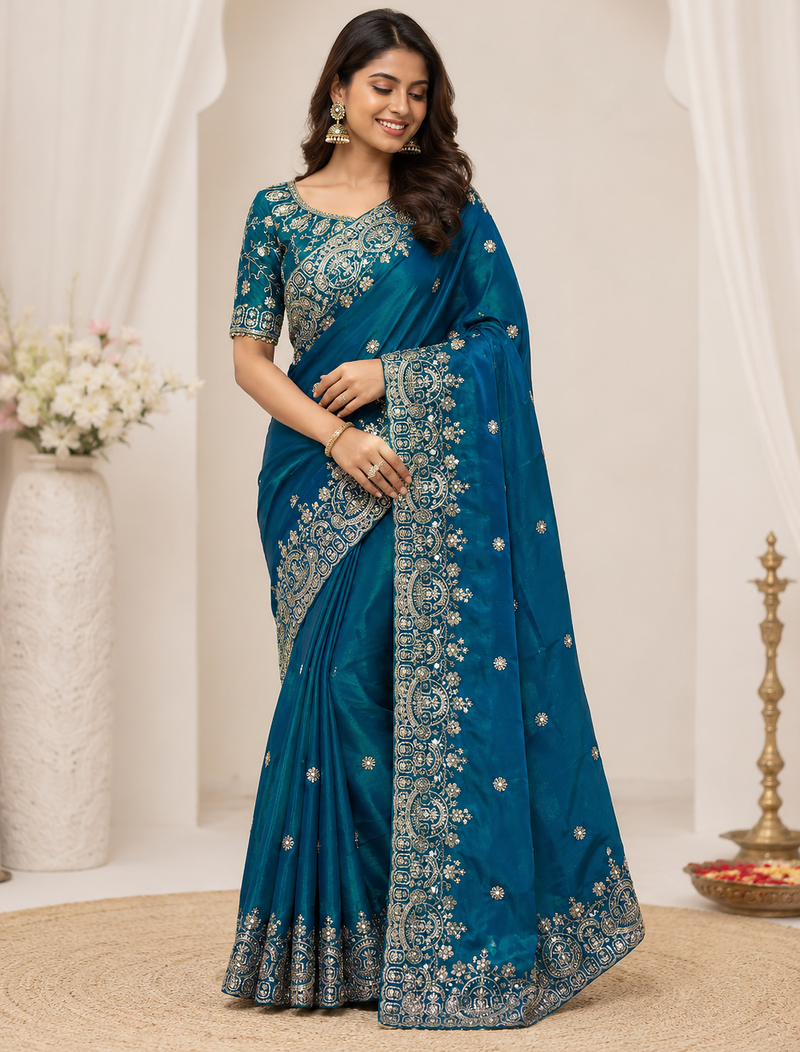 Teal Color Sequance and Zari Embroidery Work Space Silk Blend Saree