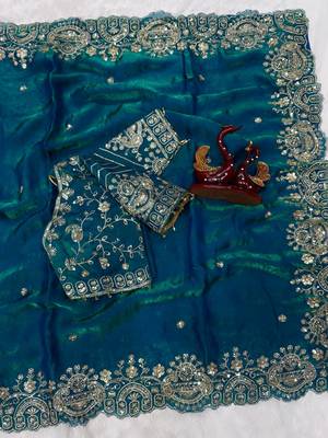 Teal Color Sequance and Zari Embroidery Work Space Silk Blend Saree 2
