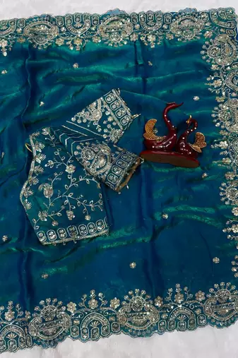 Teal Color Sequance and Zari Embroidery Work Space Silk Blend Saree