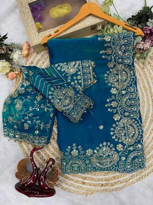 Teal Color Sequance and Zari Embroidery Work Space Silk Blend Saree 3