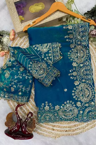 Teal Color Sequance and Zari Embroidery Work Space Silk Blend Saree