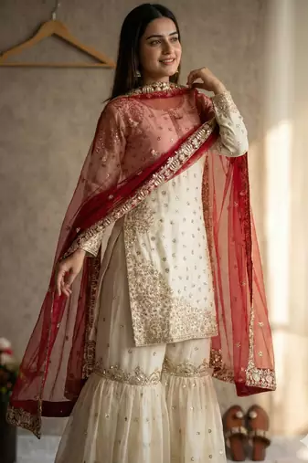 white&maroon silk blend  readymade suit with embroidery & sequence work