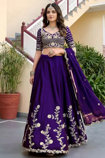 Fantastic Purple Thread Work Silk Reception Wear Lehenga Choli